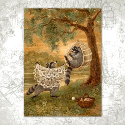 Открытка «Еноты-рукодельники»